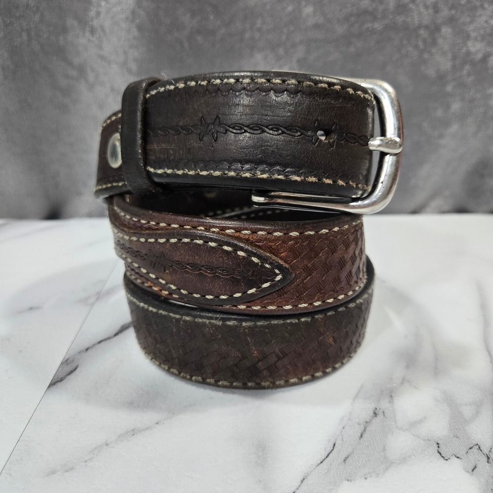 Mens Brown Leather Western Belt 40 Basketweave Tooled Cowboy Removable Buckle